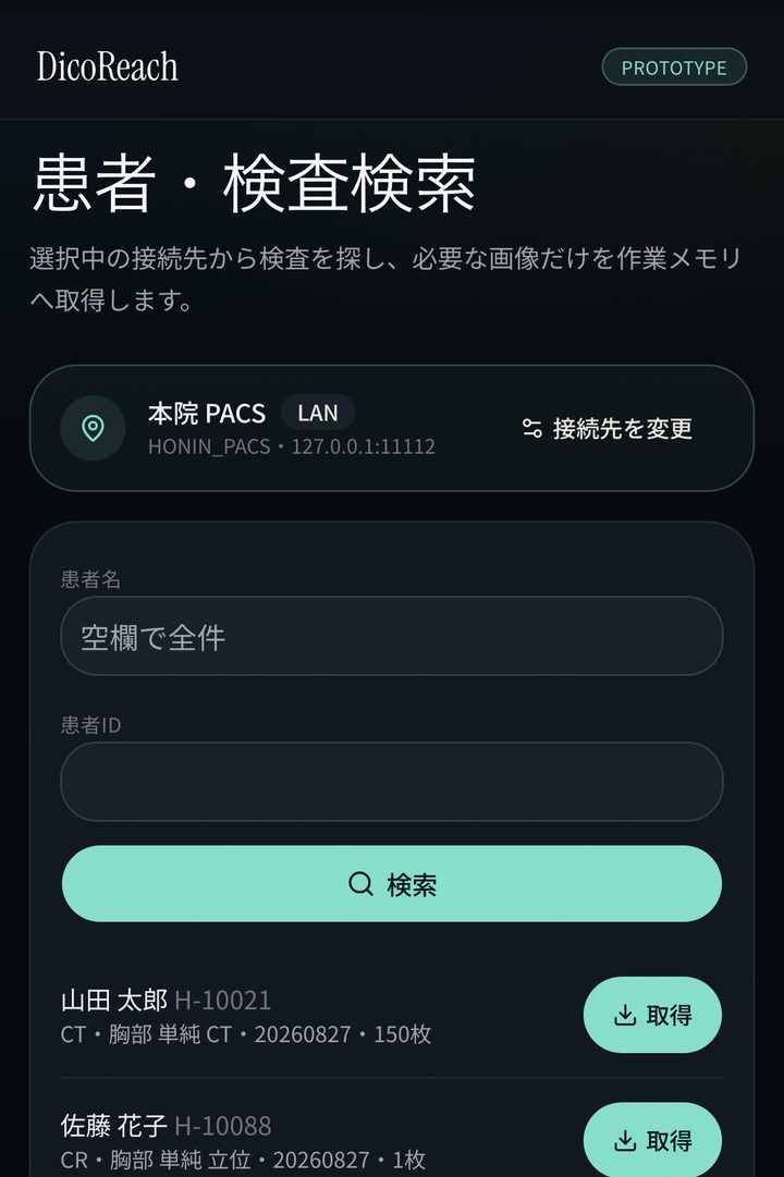 デモ患者の検査一覧を検索した画面